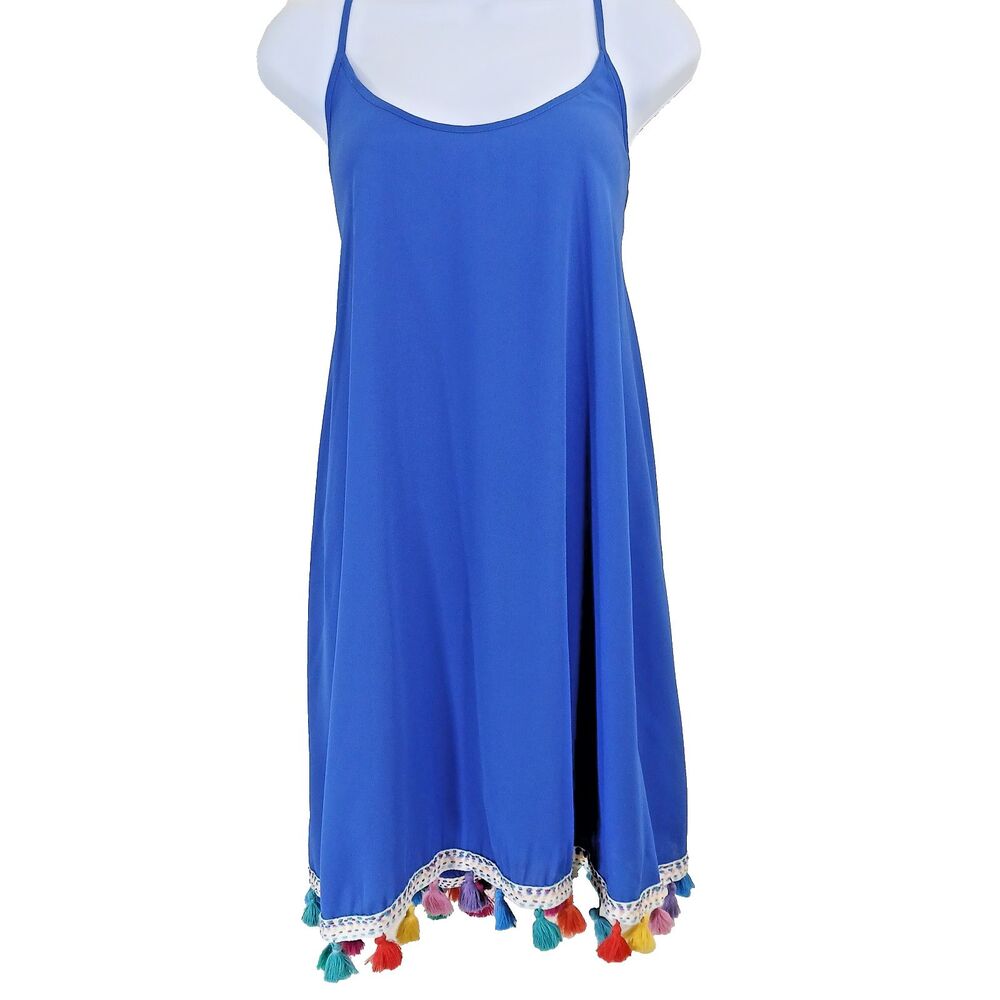 Judith March Dress Blue Spahgetti Strap Tasseled Hem Size M Cruise Vacay Summer